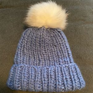 Barney’s New York blue beanie w faux fur pom pom